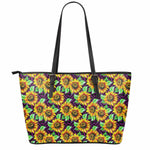 Purple Trippy Sunflower Pattern Print Leather Tote Bag