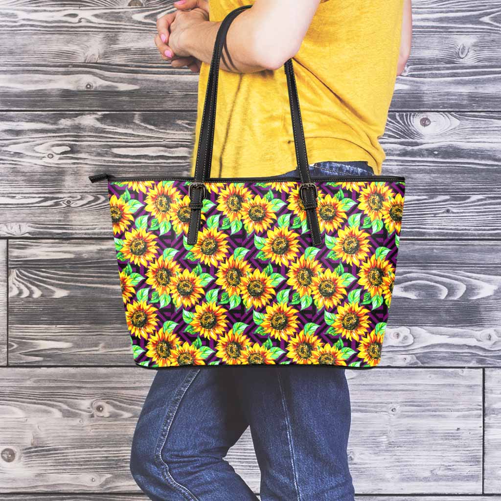 Purple Trippy Sunflower Pattern Print Leather Tote Bag