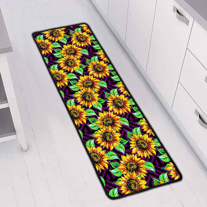 Purple Trippy Sunflower Pattern Print Long Kitchen Mat