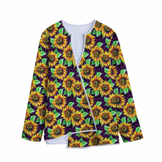 Purple Trippy Sunflower Pattern Print Long Sleeve Short Coat