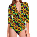 Purple Trippy Sunflower Pattern Print Long Sleeve Swimsuit