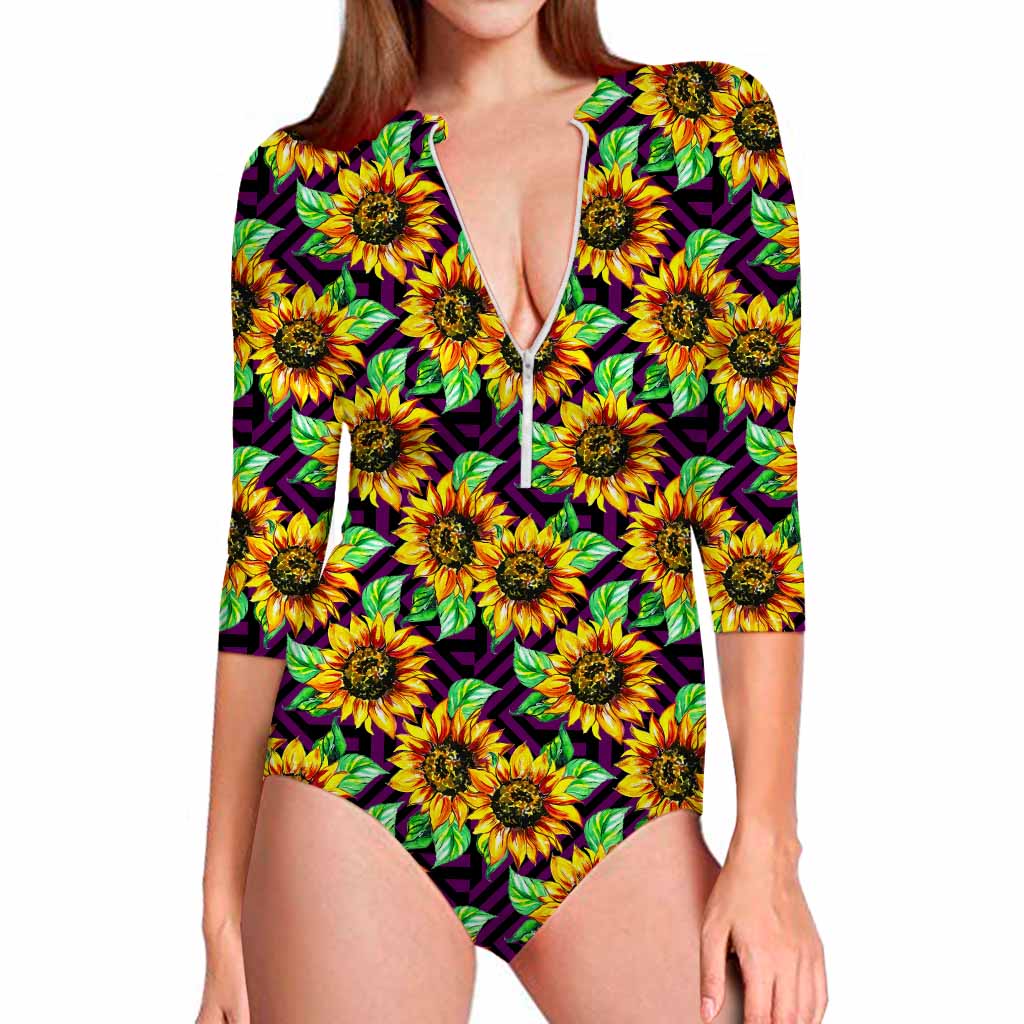Purple Trippy Sunflower Pattern Print Long Sleeve Swimsuit