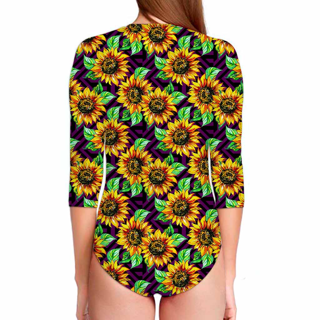 Purple Trippy Sunflower Pattern Print Long Sleeve Swimsuit