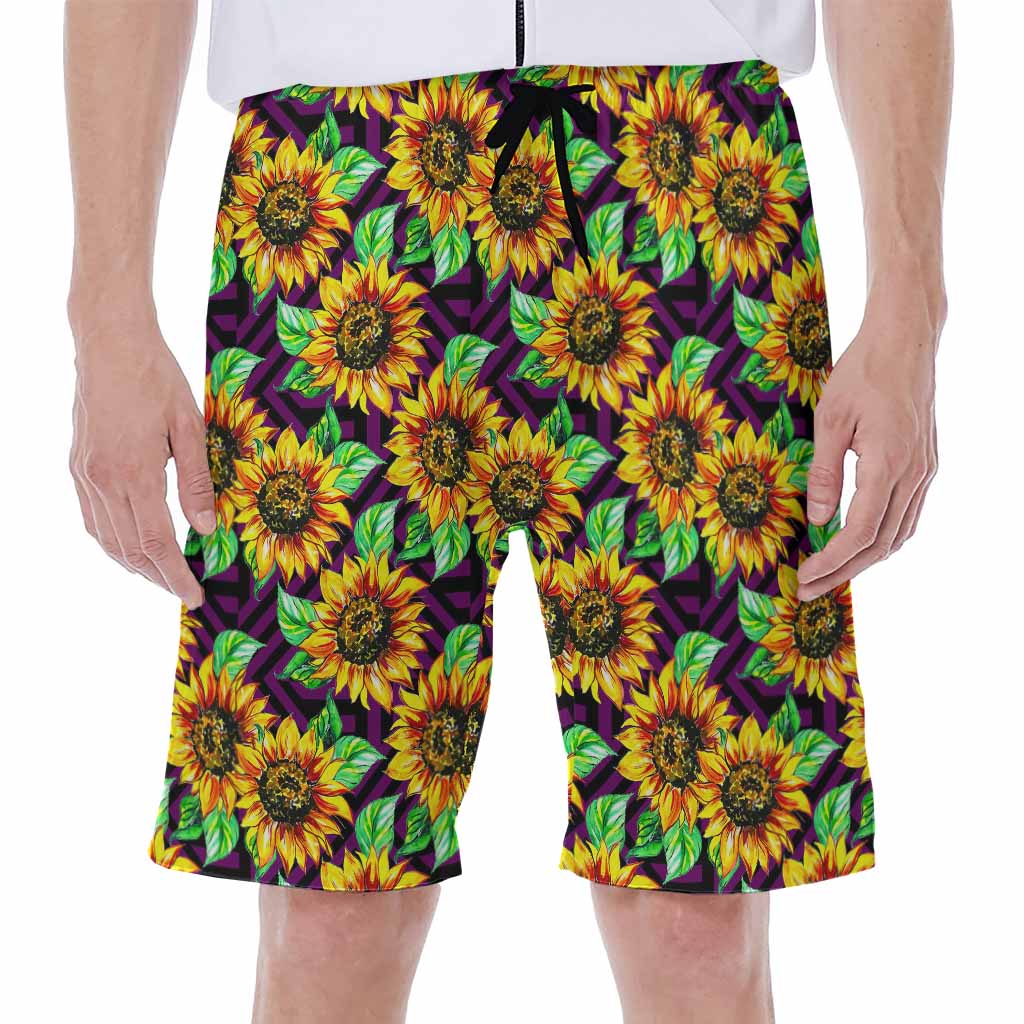 Purple Trippy Sunflower Pattern Print Men's Beach Shorts