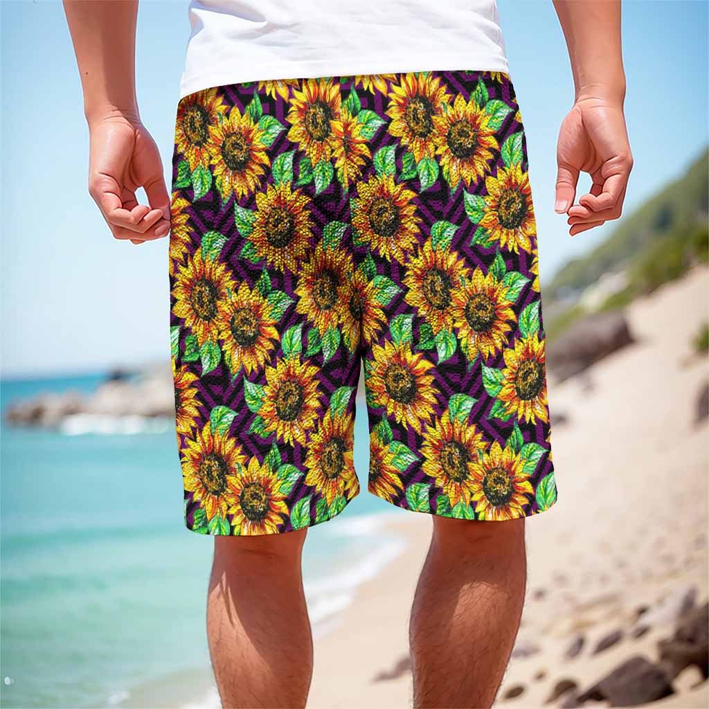 Purple Trippy Sunflower Pattern Print Men's Cargo Shorts