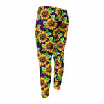 Purple Trippy Sunflower Pattern Print Men's Compression Pants