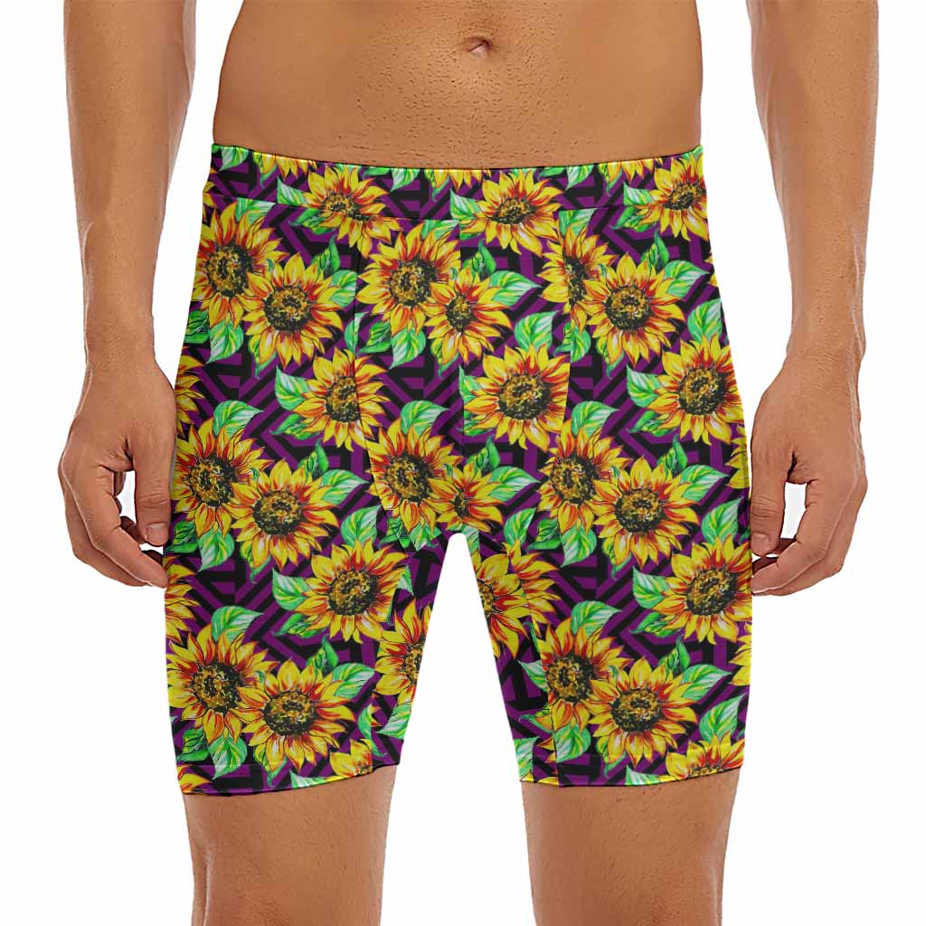 Purple Trippy Sunflower Pattern Print Men's Long Boxer Briefs