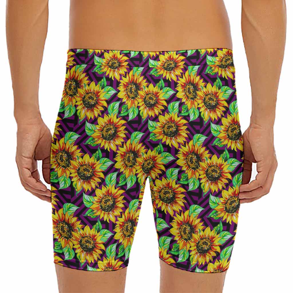 Purple Trippy Sunflower Pattern Print Men's Long Boxer Briefs