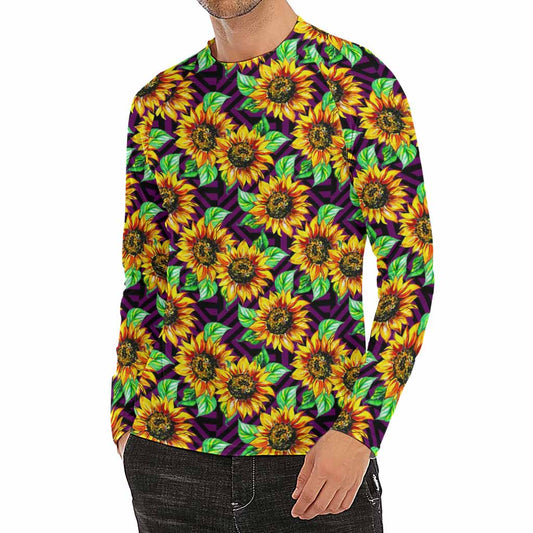 Purple Trippy Sunflower Pattern Print Men's Long Sleeve Rash Guard