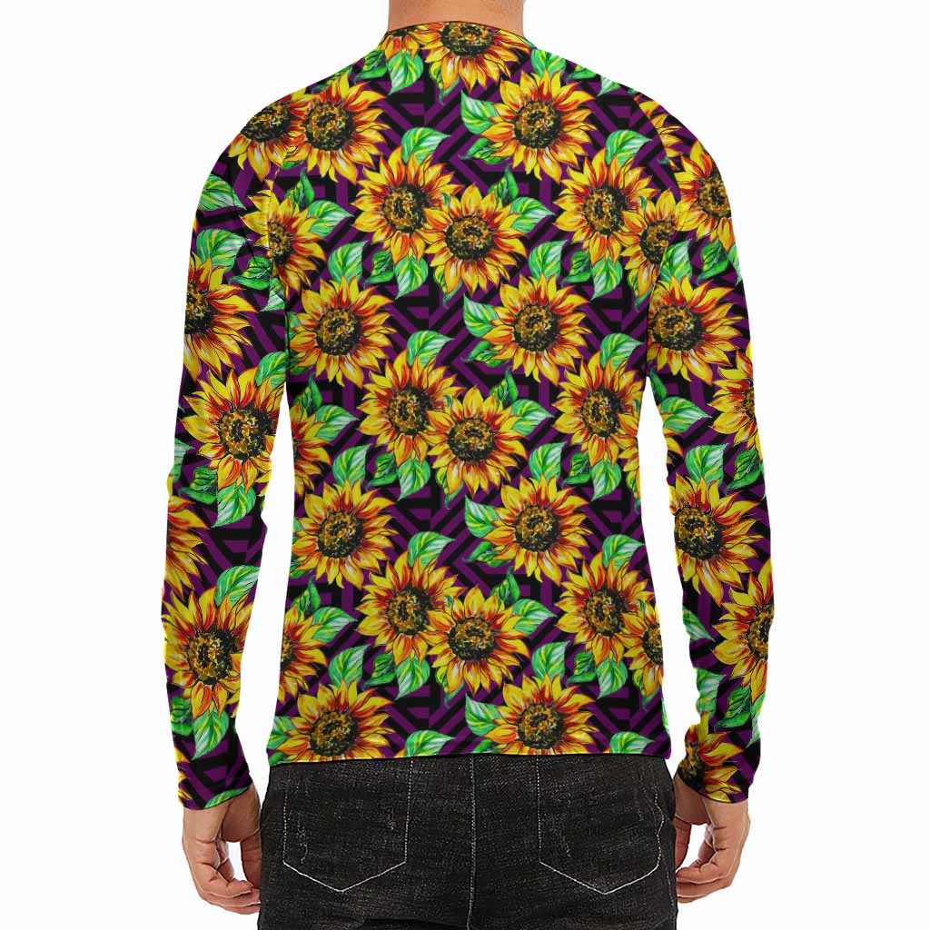 Purple Trippy Sunflower Pattern Print Men's Long Sleeve Rash Guard