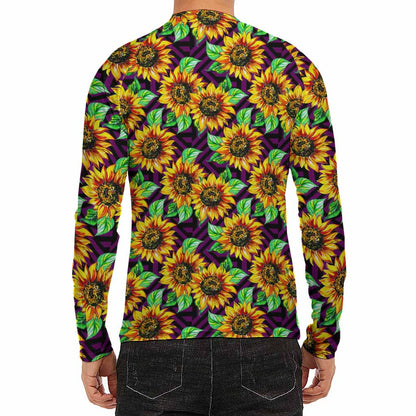Purple Trippy Sunflower Pattern Print Men's Long Sleeve Rash Guard