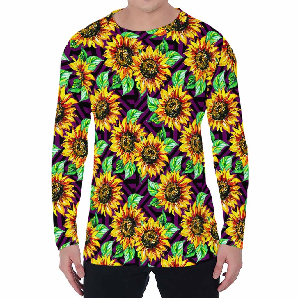 Purple Trippy Sunflower Pattern Print Men's Long Sleeve T-Shirt