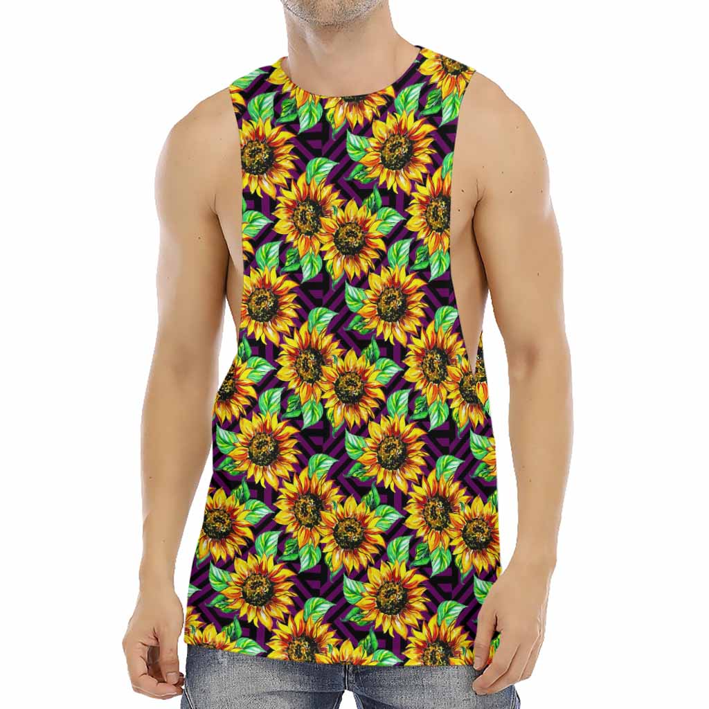 Purple Trippy Sunflower Pattern Print Men's Muscle Tank Top