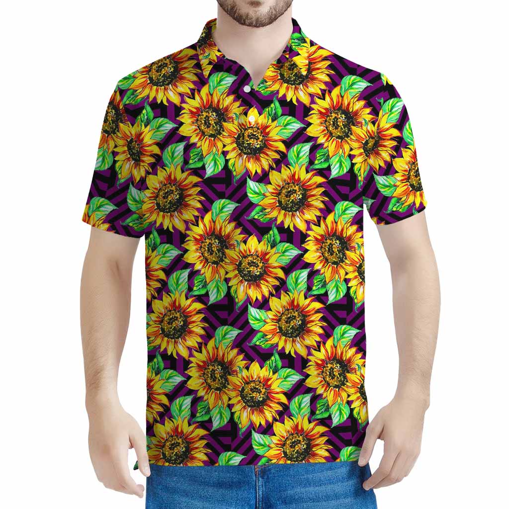 Purple Trippy Sunflower Pattern Print Men's Polo Shirt