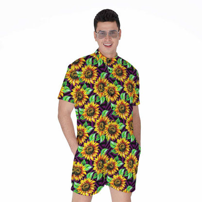 Purple Trippy Sunflower Pattern Print Men's Rompers