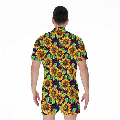 Purple Trippy Sunflower Pattern Print Men's Rompers