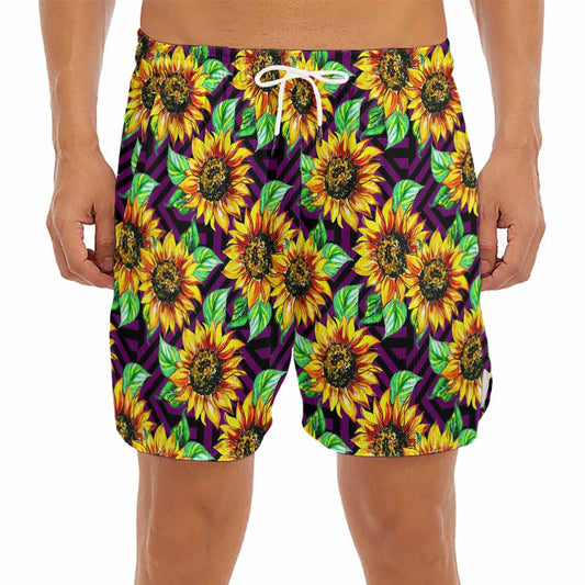 Purple Trippy Sunflower Pattern Print Men's Split Running Shorts