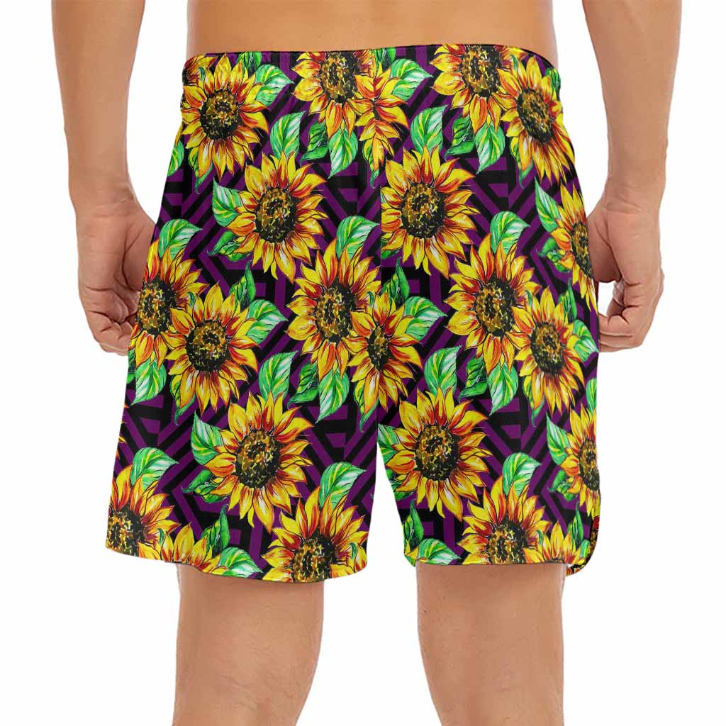 Purple Trippy Sunflower Pattern Print Men's Split Running Shorts