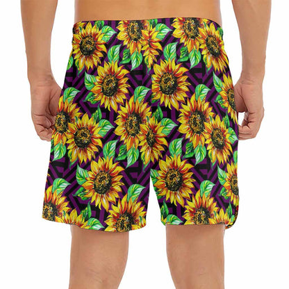 Purple Trippy Sunflower Pattern Print Men's Split Running Shorts
