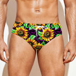 Purple Trippy Sunflower Pattern Print Men's Swim Briefs