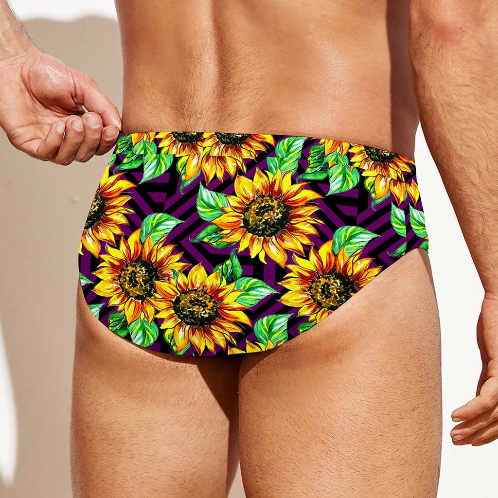 Purple Trippy Sunflower Pattern Print Men's Swim Briefs