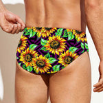 Purple Trippy Sunflower Pattern Print Men's Swim Briefs