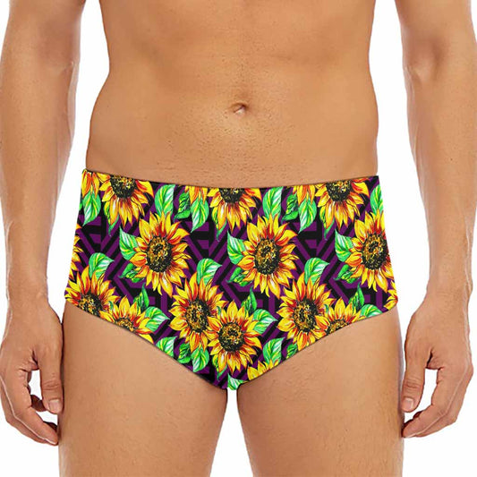 Purple Trippy Sunflower Pattern Print Men's Triangle Swim Briefs