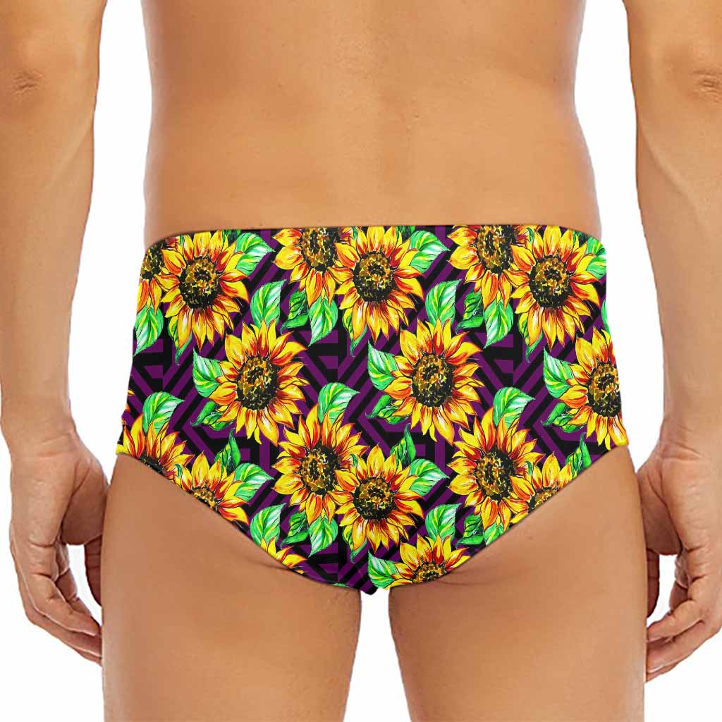 Purple Trippy Sunflower Pattern Print Men's Triangle Swim Briefs