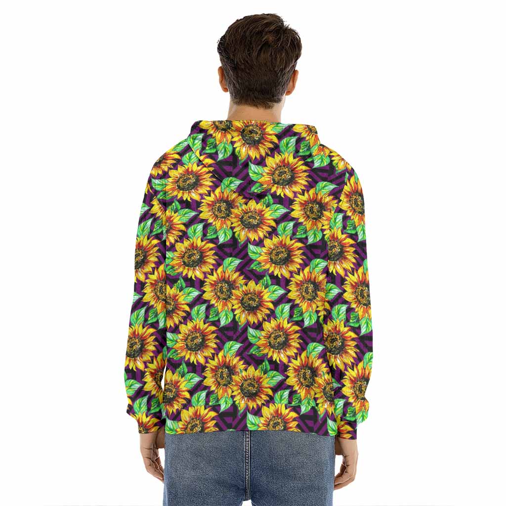 Purple Trippy Sunflower Pattern Print Men's Velvet Pullover Hoodie