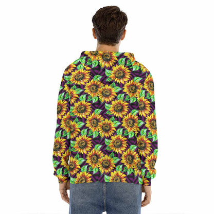 Purple Trippy Sunflower Pattern Print Men's Velvet Pullover Hoodie