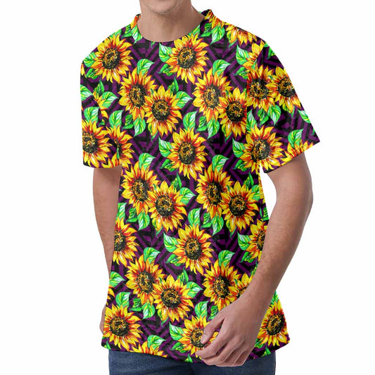 Purple Trippy Sunflower Pattern Print Men's Velvet T-Shirt
