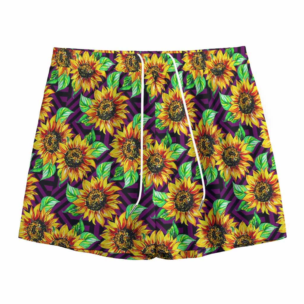 Purple Trippy Sunflower Pattern Print Mesh Shorts
