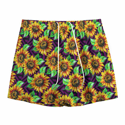 Purple Trippy Sunflower Pattern Print Mesh Shorts