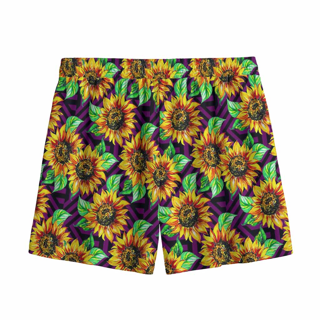 Purple Trippy Sunflower Pattern Print Mesh Shorts