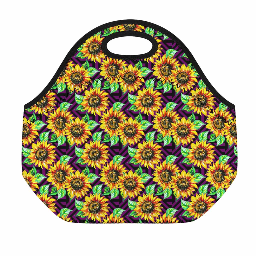 Purple Trippy Sunflower Pattern Print Neoprene Lunch Bag