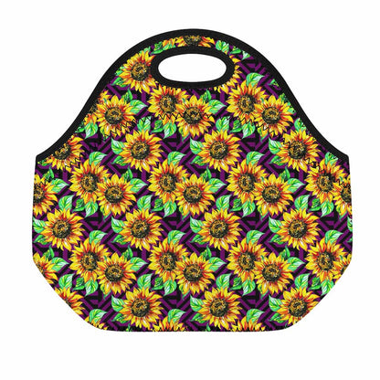Purple Trippy Sunflower Pattern Print Neoprene Lunch Bag