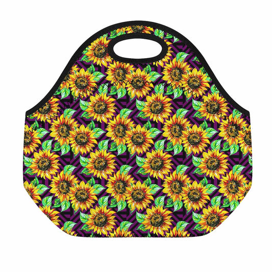 Purple Trippy Sunflower Pattern Print Neoprene Lunch Bag