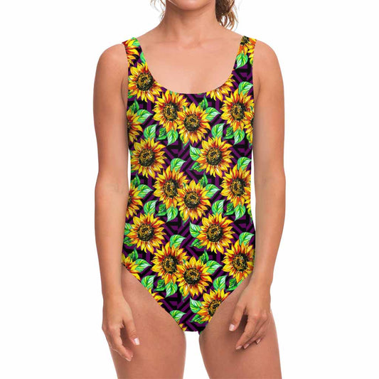 Purple Trippy Sunflower Pattern Print One Piece Swimsuit