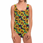 Purple Trippy Sunflower Pattern Print One Piece Swimsuit