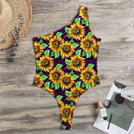 Purple Trippy Sunflower Pattern Print One Shoulder Bodysuit