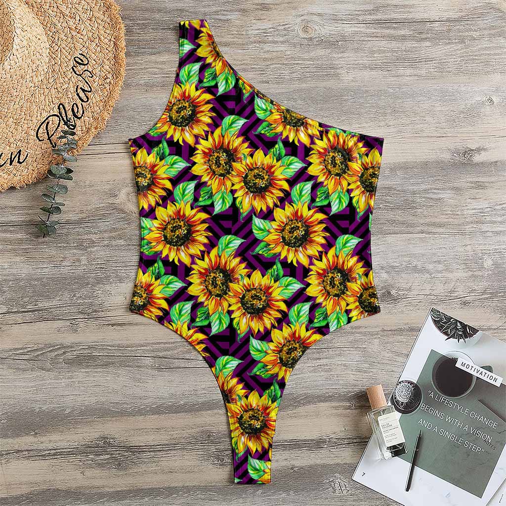 Purple Trippy Sunflower Pattern Print One Shoulder Bodysuit