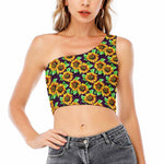 Purple Trippy Sunflower Pattern Print One Shoulder Crop Top
