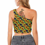 Purple Trippy Sunflower Pattern Print One Shoulder Crop Top