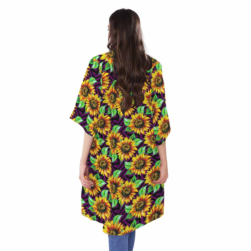Purple Trippy Sunflower Pattern Print Open Front Beach Cover Up