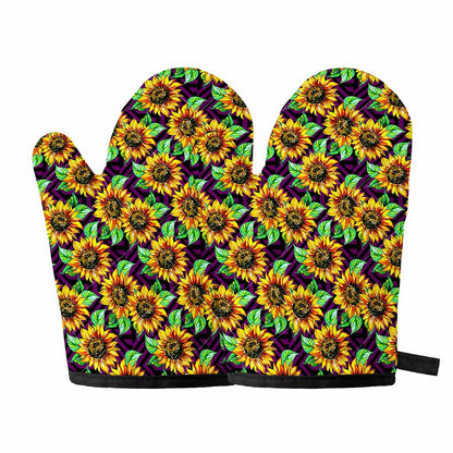 Purple Trippy Sunflower Pattern Print Oven Mitts