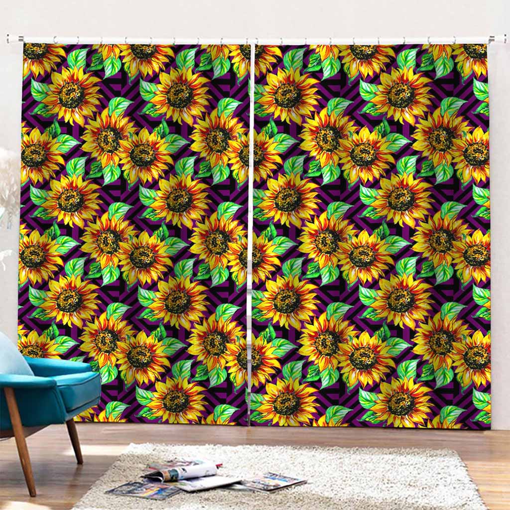 Purple Trippy Sunflower Pattern Print Pencil Pleat Curtains