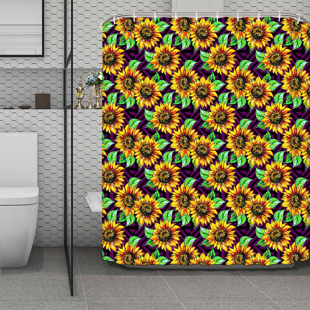 Purple Trippy Sunflower Pattern Print Polyester Shower Curtain