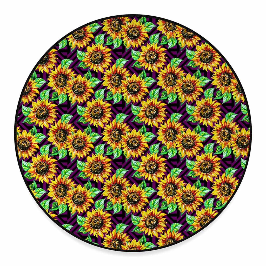 Purple Trippy Sunflower Pattern Print Round Floor Mat