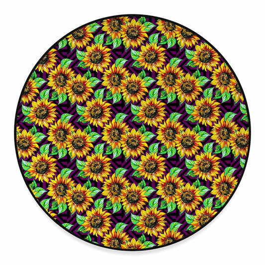 Purple Trippy Sunflower Pattern Print Round Floor Mat
