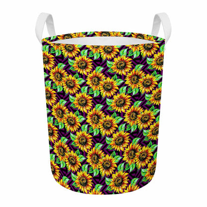 Purple Trippy Sunflower Pattern Print Round Laundry Basket